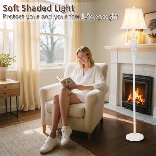 Sheetea 65’’ Vintage Floor Lamp for Living Room, Traditional White Standing Lamp with Carved Resin Base and Foot Switch, Classic Farmhouse Tall Pole Lamp, Bedroom, Office - Image 5