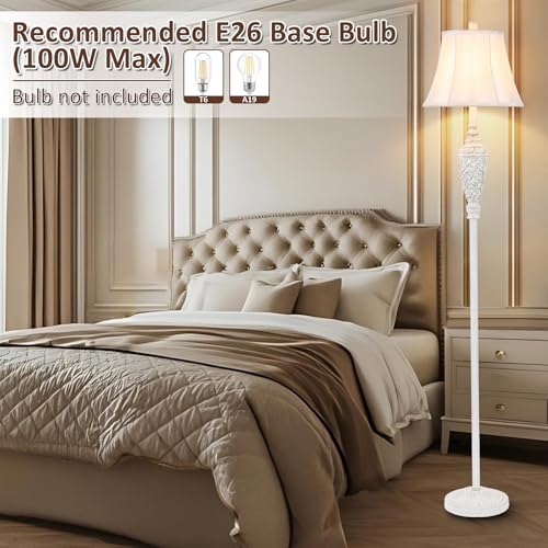 Sheetea 65’’ Vintage Floor Lamp for Living Room, Traditional White Standing Lamp with Carved Resin Base and Foot Switch, Classic Farmhouse Tall Pole Lamp, Bedroom, Office - Image 4