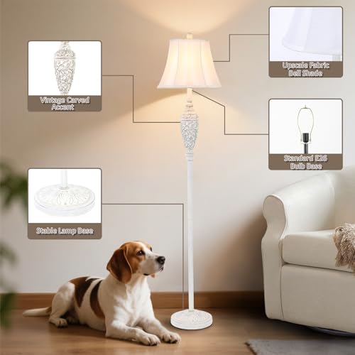 Sheetea 65’’ Vintage Floor Lamp for Living Room, Traditional White Standing Lamp with Carved Resin Base and Foot Switch, Classic Farmhouse Tall Pole Lamp, Bedroom, Office - Image 2