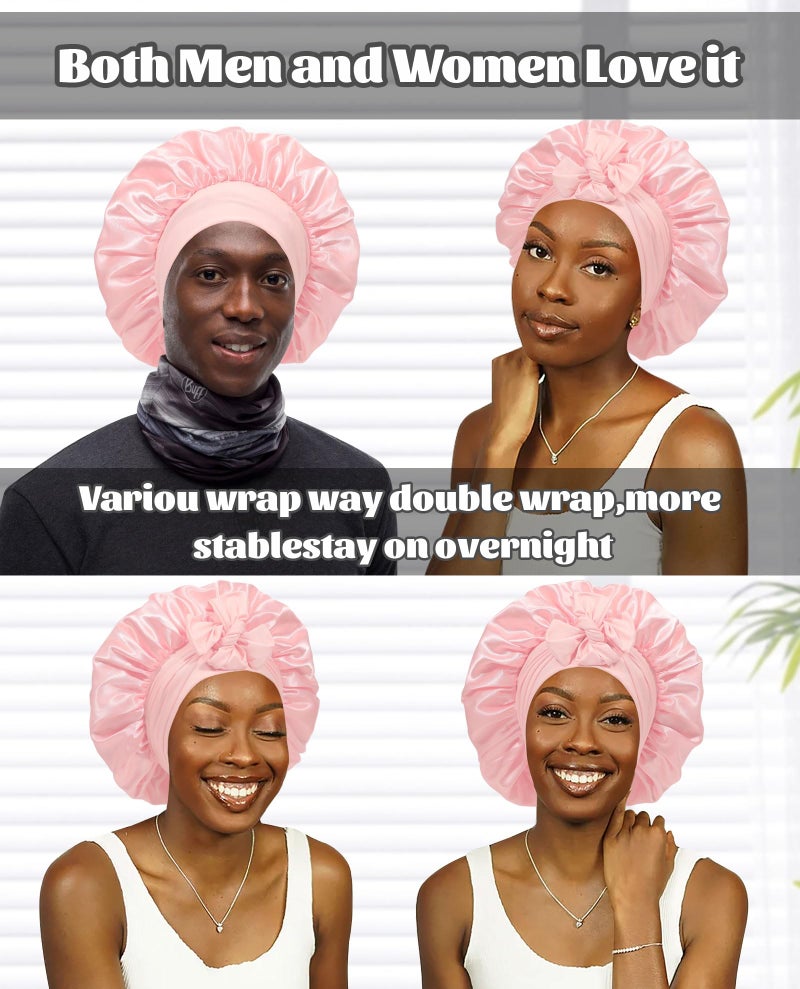 CHLINS قبعة ساتين حرير للنوم قبعة نوم حرير طبقة مزدوجة قبعة شعر مع شريط مطاطي للشعر المجعد قبعة ليلية (بودرة المشمش + شامبانيا) - Image 4