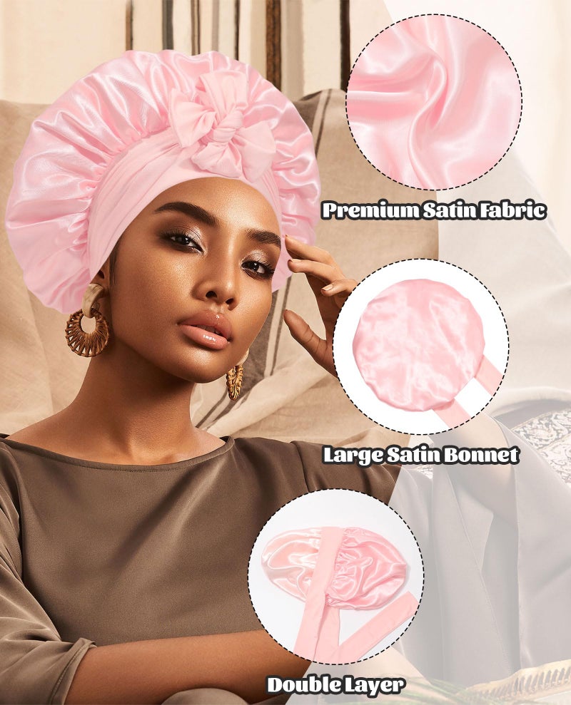 CHLINS قبعة ساتين حرير للنوم قبعة نوم حرير طبقة مزدوجة قبعة شعر مع شريط مطاطي للشعر المجعد قبعة ليلية (بودرة المشمش + شامبانيا) - Image 5