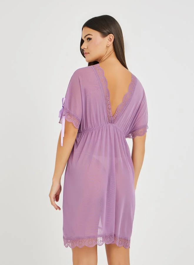 Styli Styli Lace Trim Bow Detail Mesh Slip Dress