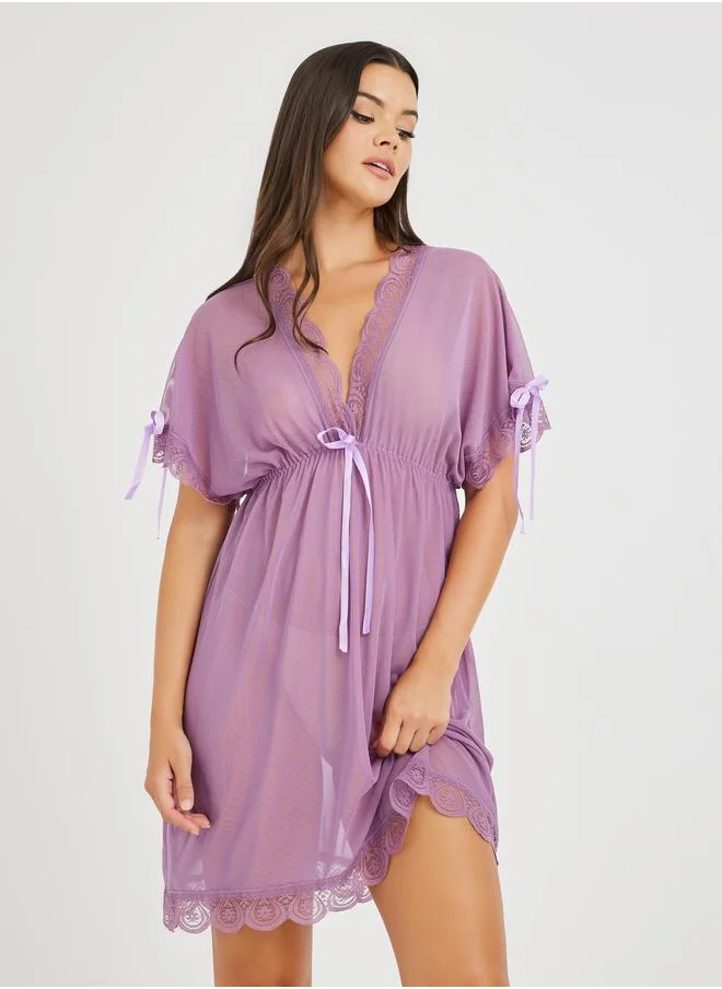 Take Two Take Two Lace Trim Bow Detail Mesh Slip Dress
