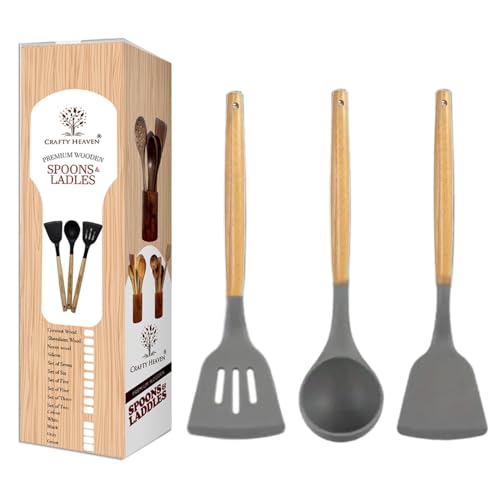 Crafty Heaven Wooden Handle Silicone Spatula Set for Kitchen BPA Free Non-Stick Non Toxic Cooking High Heat Resistant Ladles Turner Serving Cooking Spoon Set of 3 (Gray) - Image 1