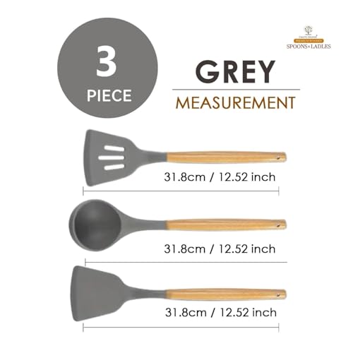 Crafty Heaven Wooden Handle Silicone Spatula Set for Kitchen BPA Free Non-Stick Non Toxic Cooking High Heat Resistant Ladles Turner Serving Cooking Spoon Set of 3 (Gray) - Image 2