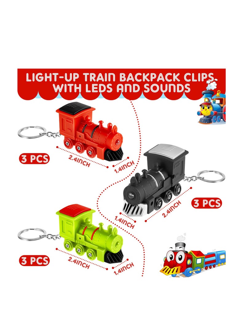 SYOSI, 9 Pcs Trains Keychains with Lights and Sounds, Birthday Party Gift Pendant for Kids Backpack, Train Keychains Toy for Boy Girl School Classroom Bag - Image 2