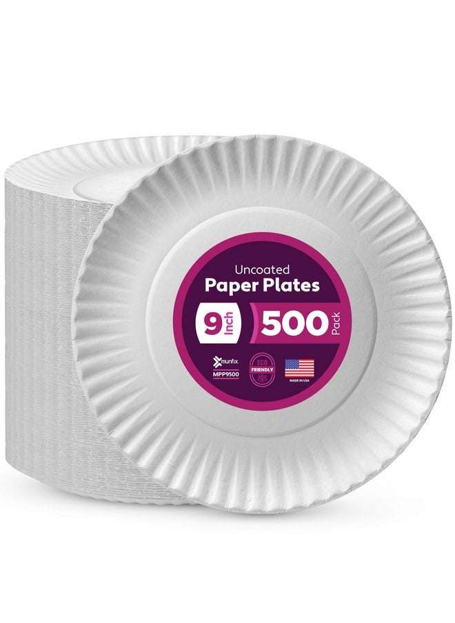 Munfix Munfix 500 Pack Uncoated Paper Plates 9 Inch, Everyday Disposable Plates, White Dinner Plates for BBQ Party, Picnics, Travel and Events, Microwavable Recyclable  - Image 1