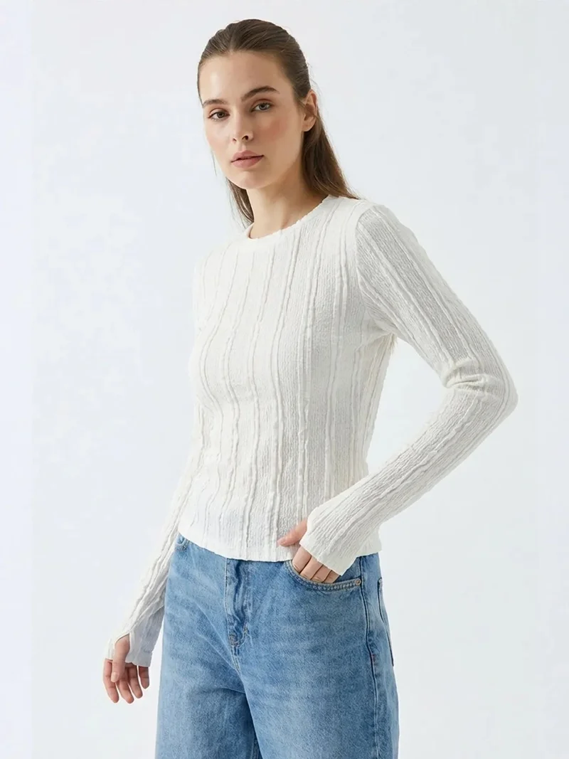 Big Dart White BDART Ribbed Crew Neck Long Sleeve Blouse for Women | Best Price UAE