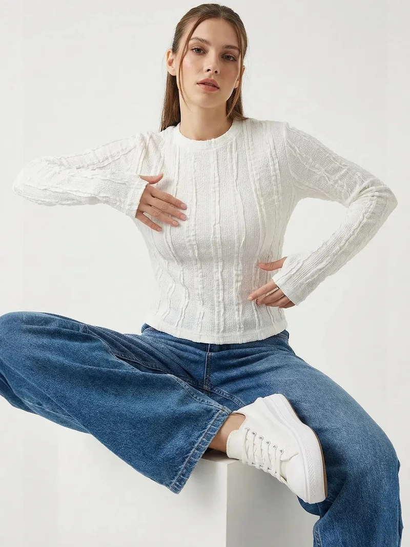 BIG DART BDART Ribbed Crew Neck Long Sleeve Blouse
