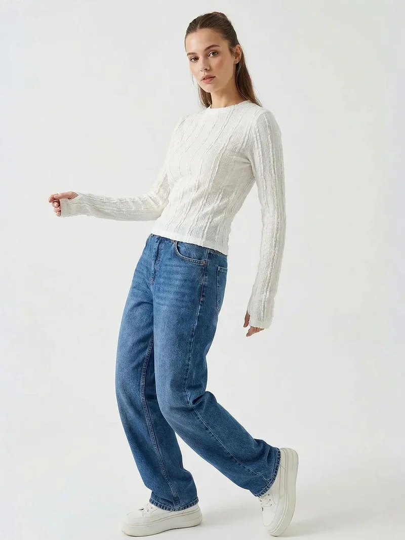 Big Dart White BDART Ribbed Crew Neck Long Sleeve Blouse for Women | Best Price UAE