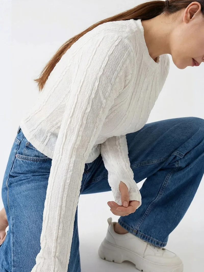 Big Dart White BDART Ribbed Crew Neck Long Sleeve Blouse for Women | Best Price UAE