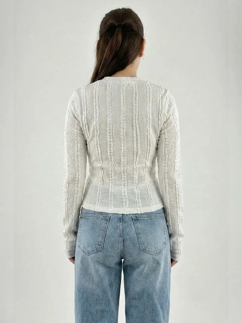 Big Dart White BDART Ribbed Crew Neck Long Sleeve Blouse for Women | Best Price UAE