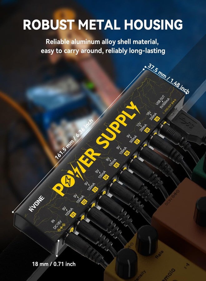 RVONE Guitar Pedal Power Supply with 10 Isolated DC Outputs and USB, Short-Circuit Protection, Noise Reduction, Stable 9V/12V/18V Power for Effect Pedals (Lightning Yellow) - Image 5