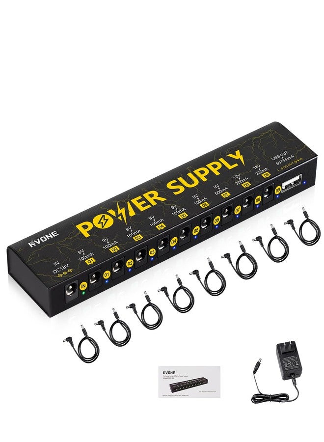 RVONE Guitar Pedal Power Supply with 10 Isolated DC Outputs and USB, Short-Circuit Protection, Noise Reduction, Stable 9V/12V/18V Power for Effect Pedals (Lightning Yellow) - Image 1