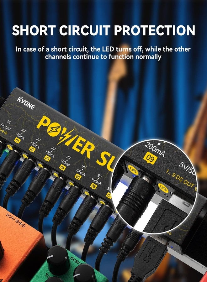 RVONE Guitar Pedal Power Supply with 10 Isolated DC Outputs and USB, Short-Circuit Protection, Noise Reduction, Stable 9V/12V/18V Power for Effect Pedals (Lightning Yellow) - Image 3