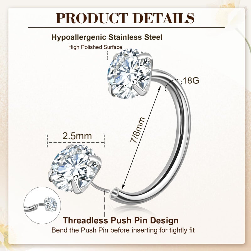 ONESING ONEISNG 18G Horseshoe Nose Ring Stianless Steel Threadless Nose Ring For Women Men Double Cubic Zirconia Half Nose Hoop Rings Horse Shoe Daith Tragus Earring Lip Septum Rings Helix Piercing Jewelry 7mm/8mm - Image 2