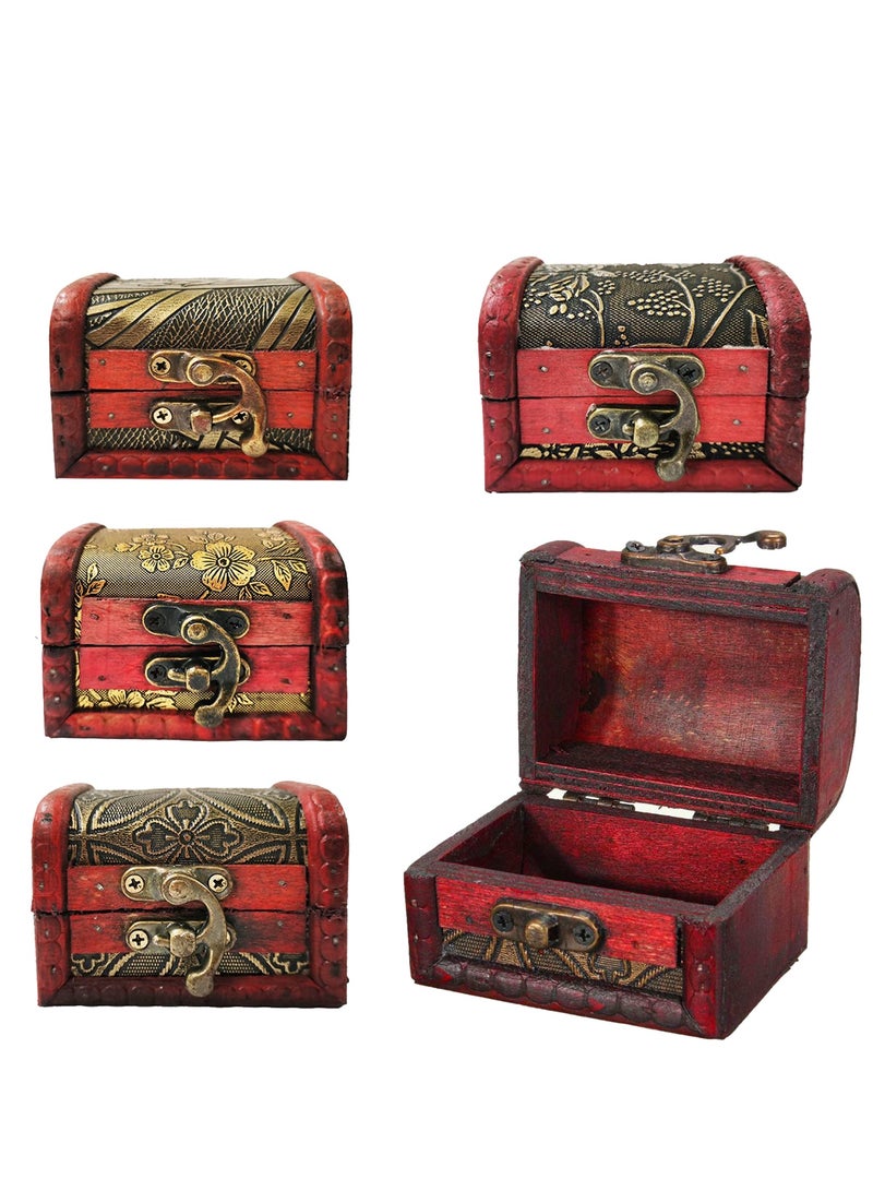 KASTWAVE Vintage Small Jewelry Boxes, 5 Piece Set of Small Treasure Boxes Antique Design Wooden Storage Boxes with Metal Locks Treasure Organizer Gift Box Hinges and Latches for Crafts(Different Patterns) - Image 1