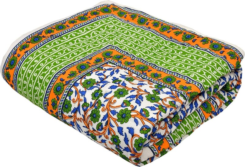 AARMOZY Cotton Reversible Single Bed Jaipuri Razai Jaipuri Blanket Ac Quilt for Winter Soft Rajasthani Traditional Razzai Green 55 x 85 inch - Image 1