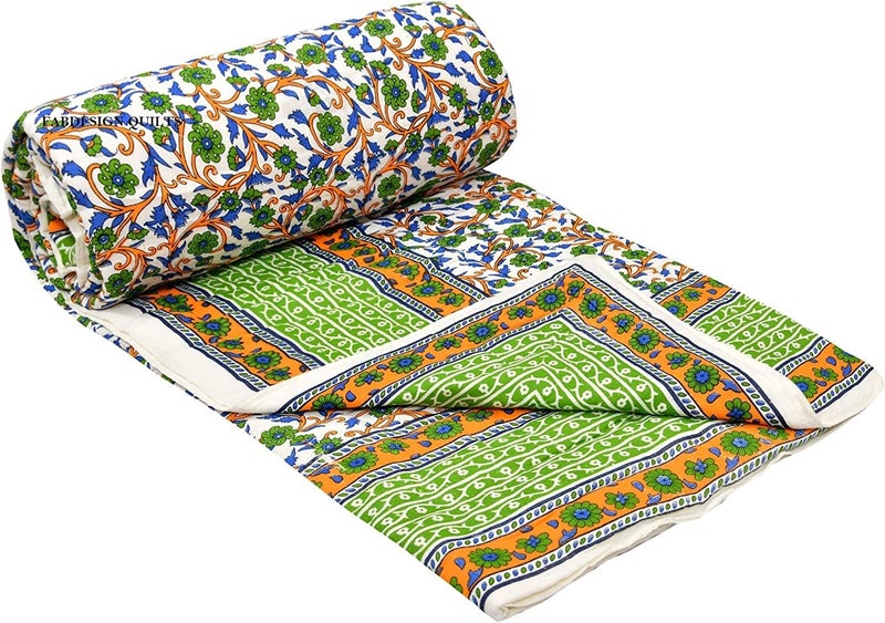 AARMOZY Cotton Reversible Single Bed Jaipuri Razai Jaipuri Blanket Ac Quilt for Winter Soft Rajasthani Traditional Razzai Green 55 x 85 inch - Image 2