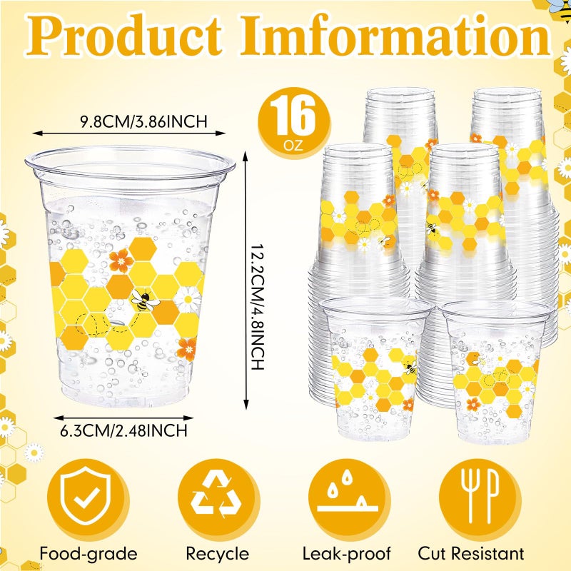 Funnymoom 60 Pcs Bee Party Plastic Cups 16 oz Honey Disposable Clear Drinking Cups for Bee Theme Party Baby Shower Birthday Supplies Decoration - Image 2
