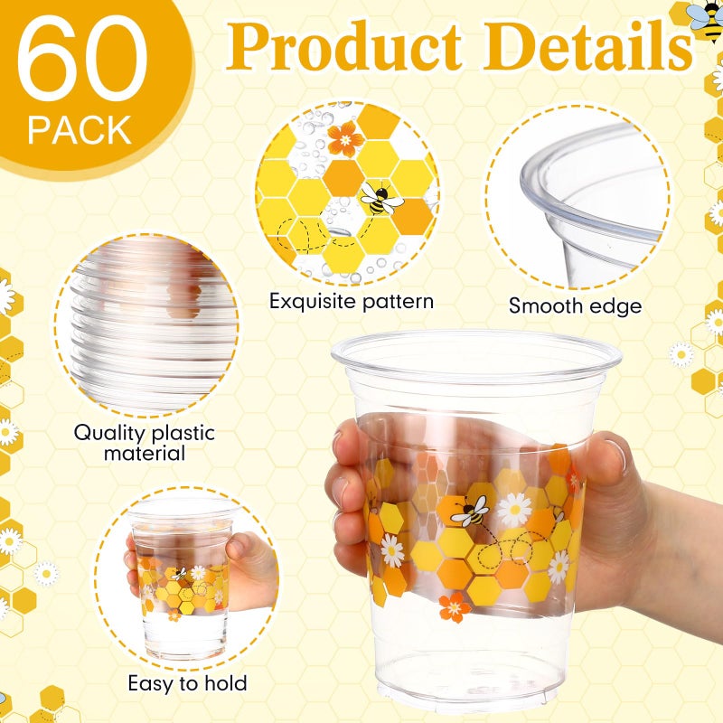 Funnymoom 60 Pcs Bee Party Plastic Cups 16 oz Honey Disposable Clear Drinking Cups for Bee Theme Party Baby Shower Birthday Supplies Decoration - Image 1