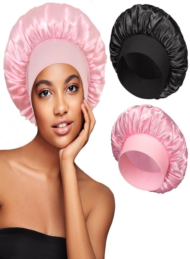 vidsel 2pcs Satin Bonnets for Women, Silk Hair Bonnet for Sleeping, Wide Soft Band Large Silky Sleep Cap for Curly Hair Braids - Image 1