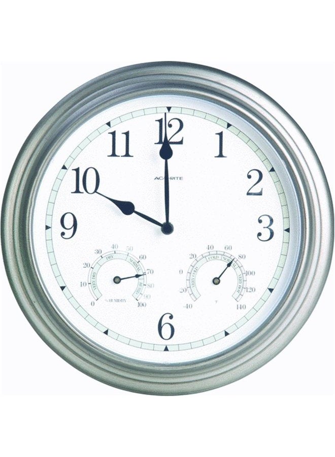 14-inch Indoor/Outdoor Wall Clock with Thermometer and Hygrometer, Pewter