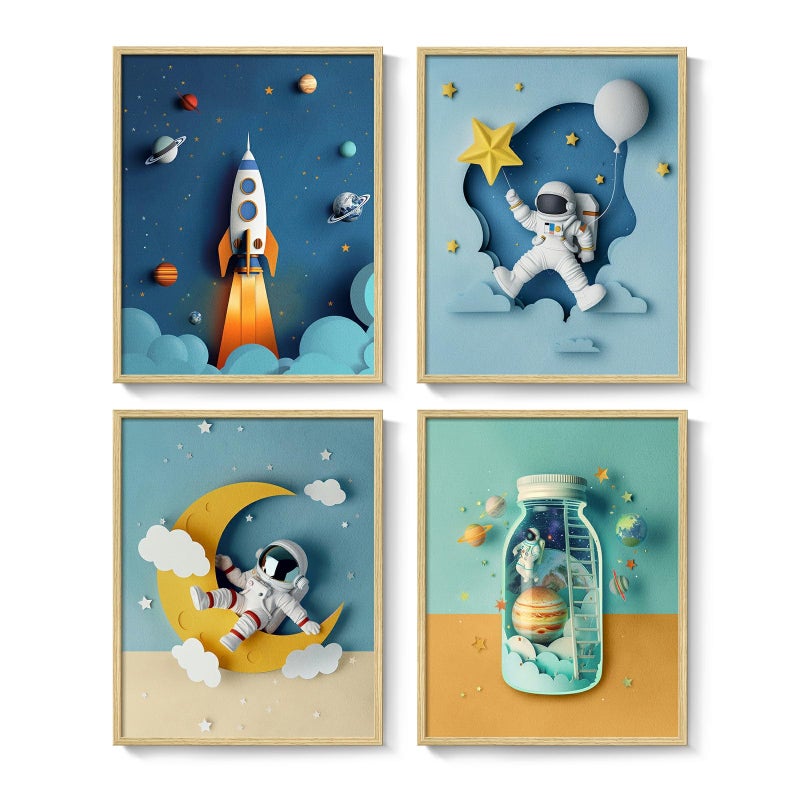 Cuspin Framed Space Nursery Wall Art Set of 4 Modern Outer Space Themed Canvas Prints for Boys Bedroom Cool Astronaut Rocket Pictures for Kids Baby Boy Room Bathroom Classroom Wall Decor 11x14 Inch - Image 2