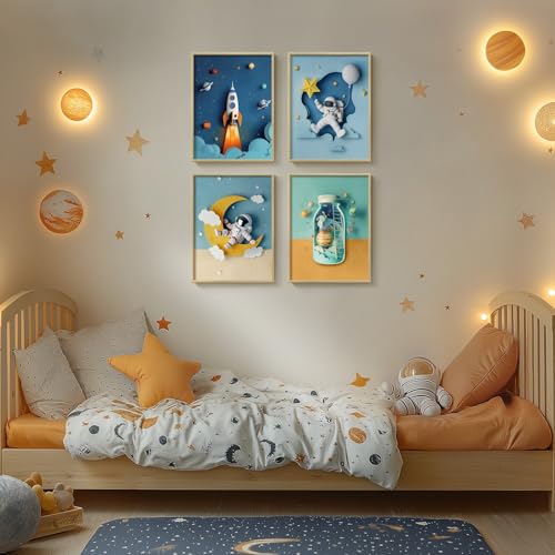 Cuspin Framed Space Nursery Wall Art Set of 4 Modern Outer Space Themed Canvas Prints for Boys Bedroom Cool Astronaut Rocket Pictures for Kids Baby Boy Room Bathroom Classroom Wall Decor 11x14 Inch - Image 3