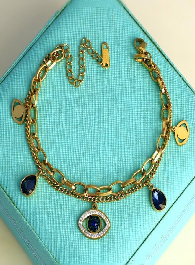 CALISTA Aura Luxe Evil Eye Charm Bracelet for Women | Gold-Plated Layered Bracelet with Blue Evil Eye & Stone Charms | Adjustable Anti-Tarnish Fashion Jewellery | Daily, Festive & Gifting Wear - Image 3