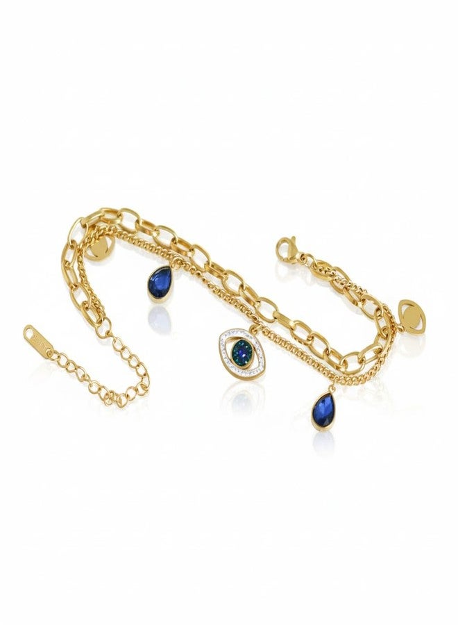 CALISTA Aura Luxe Evil Eye Charm Bracelet for Women | Gold-Plated Layered Bracelet with Blue Evil Eye & Stone Charms | Adjustable Anti-Tarnish Fashion Jewellery | Daily, Festive & Gifting Wear - Image 2