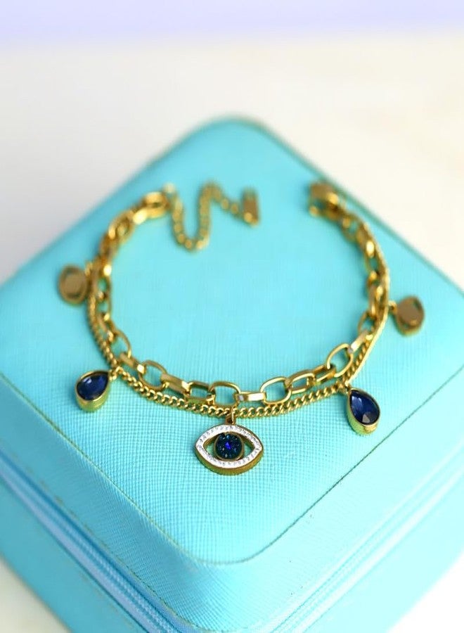 CALISTA Aura Luxe Evil Eye Charm Bracelet for Women | Gold-Plated Layered Bracelet with Blue Evil Eye & Stone Charms | Adjustable Anti-Tarnish Fashion Jewellery | Daily, Festive & Gifting Wear - Image 5