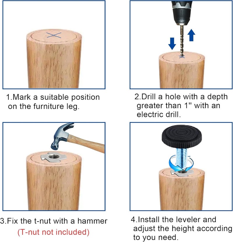 WAFJAMF 24 PCS M6 Thread Adjustable Furniture Levelers Screw in Threaded, Adjustable Levelers Feet Screw On Furniture Glide Leveling for Table, Chair, Furniture Legs (M6 Thread) - Image 5