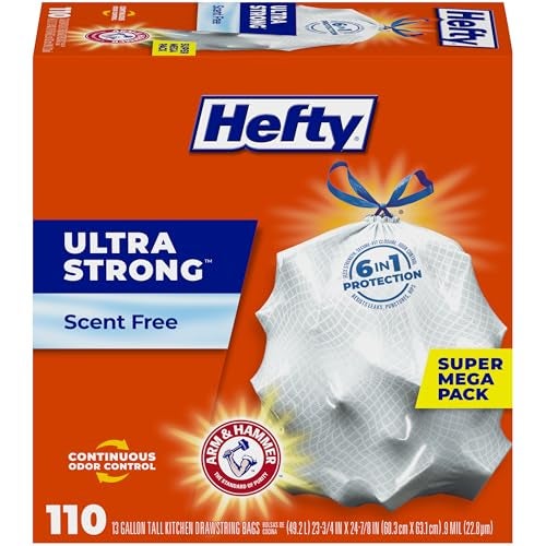 Hefty Ultra Strong 13 Gallon Trash Bags, Tall Kitchen Trash Bags 13 Gallon Size, Drawstring Closure, Continuous Odor Control, White, Unscented, 110 Bags - Image 1