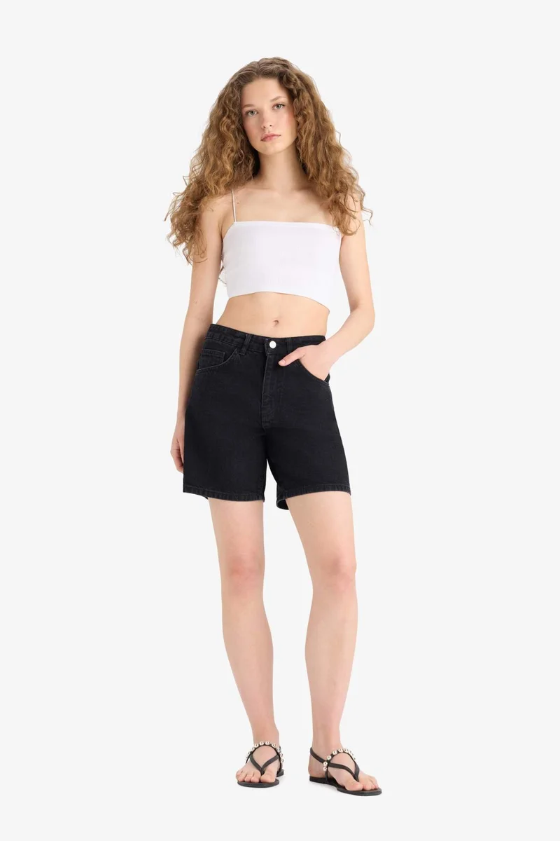 ديفاكتو High Waist Denim Bermuda Shorts