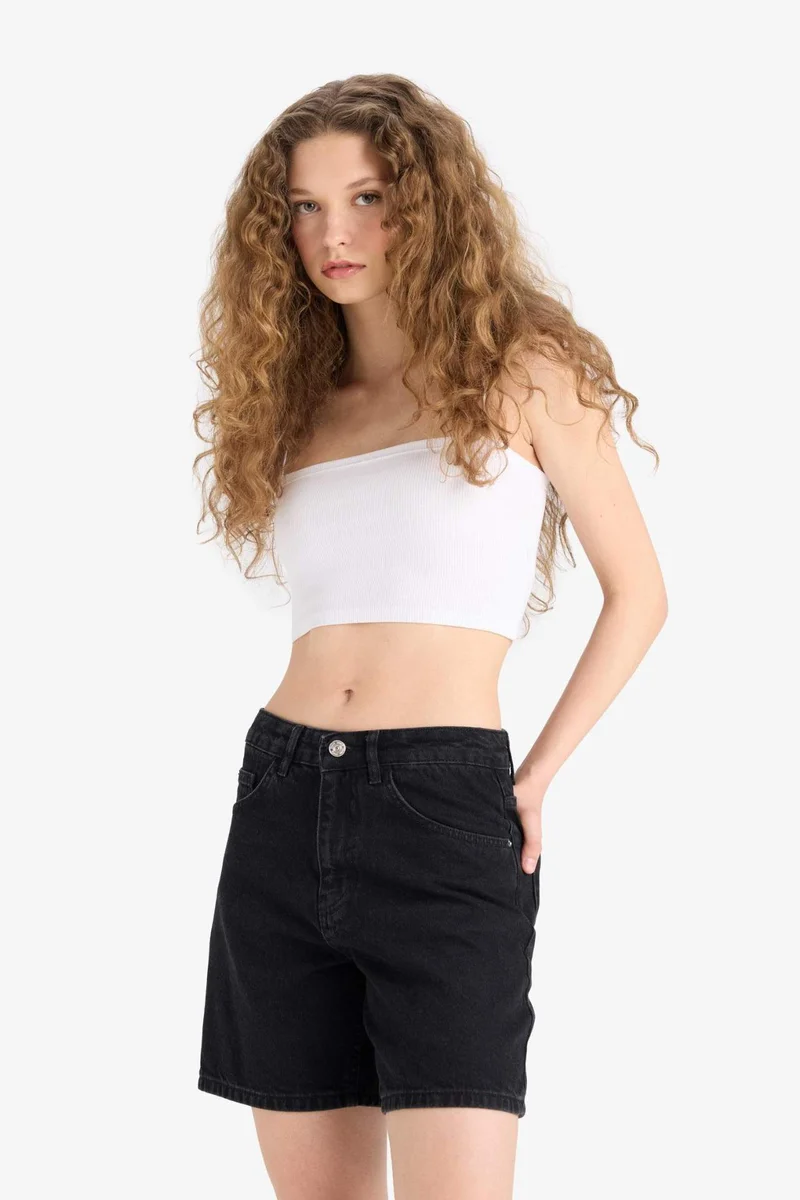 ديفاكتو High Waist Denim Bermuda Shorts