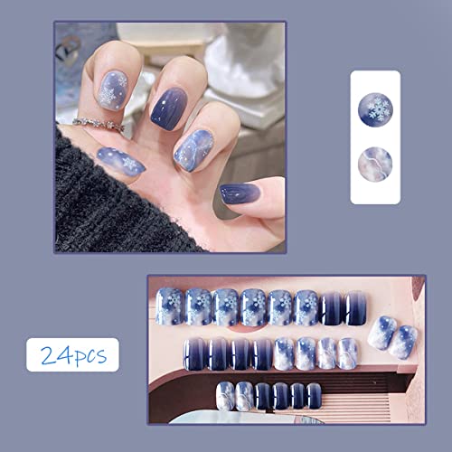 BSBTBZ Christmas Press on Nails Short SquareFalse Nails Blue Starry Sky Sweet ShortSquare with Design Elegant False Nails Detachable Artificial Fake Nails Press On Nails Tips for Women Girls 24 Pcs - Image 3