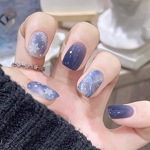 BSBTBZ Christmas Press on Nails Short SquareFalse Nails Blue Starry Sky Sweet ShortSquare with Design Elegant False Nails Detachable Artificial Fake Nails Press On Nails Tips for Women Girls 24 Pcs - Image 1