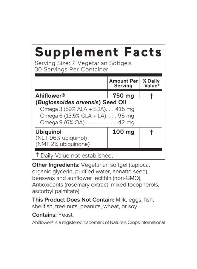 SMARTERNUTRITION Smarter Ubiquinol - Plant-Based Active CoQ10 for Heart, Liver, & Brain Health - with Ahiflower Seed Oil The Richest Omega 3-6-9 Fatty Acid Profile in The World, Vegetarian Softgel (180 Servings) - Image 2