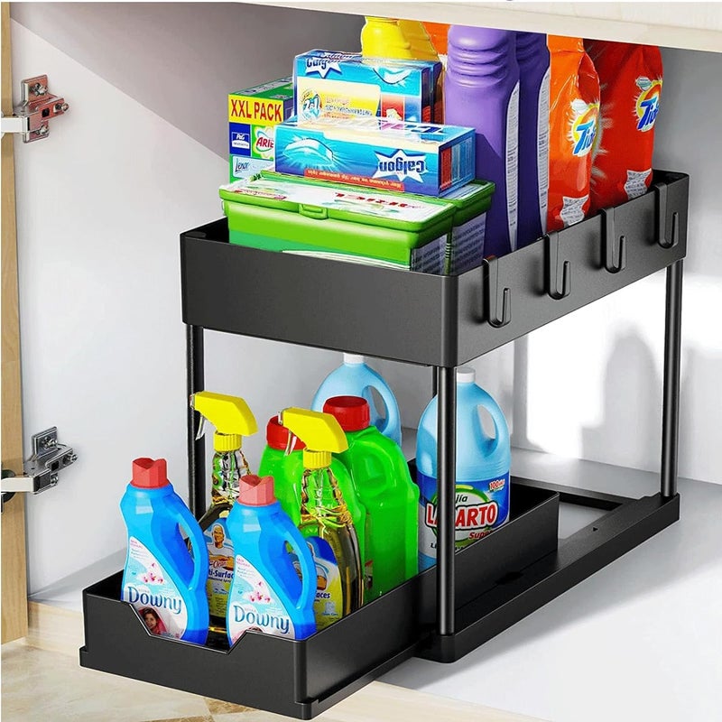 EBOFAB Under Sink Organizers and Storage2 Tier Under Sliding Kitchen Cabinet Basket Organizer Drawer with 4 HooksMultiPurpose Bath Collection Baskets Shelf Storage Rack for BathroomBlack - Image 1