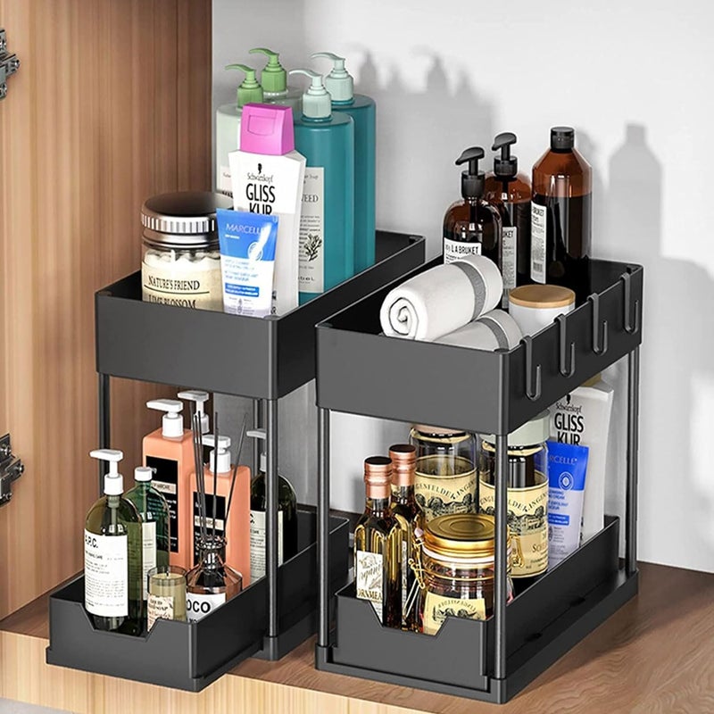 EBOFAB Under Sink Organizers and Storage2 Tier Under Sliding Kitchen Cabinet Basket Organizer Drawer with 4 HooksMultiPurpose Bath Collection Baskets Shelf Storage Rack for BathroomBlack - Image 2