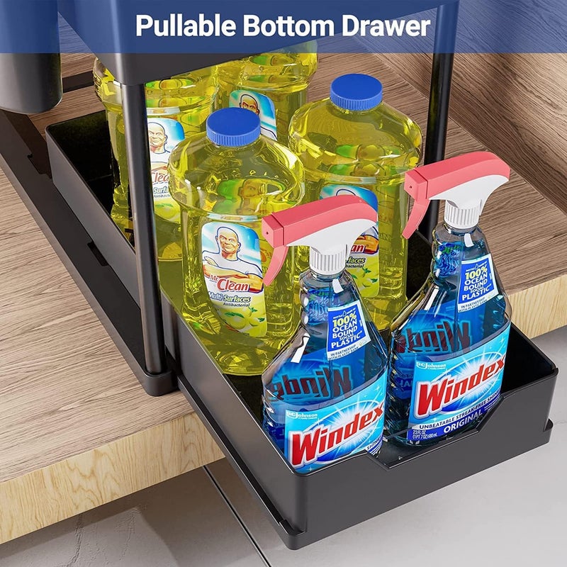 EBOFAB Under Sink Organizers and Storage2 Tier Under Sliding Kitchen Cabinet Basket Organizer Drawer with 4 HooksMultiPurpose Bath Collection Baskets Shelf Storage Rack for BathroomBlack - Image 3