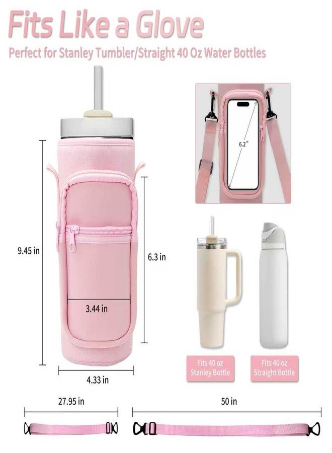 Doacpcr Water Bottle Carrier Bag with Phone Pocket for Stanley 40 oz Tumbler - Compatible with 40 oz Handle/Straight Tumbler, Water Bottle Sling Bag with Adjustable Strap，Stanley Cup Accessories (Pink) - Image 2