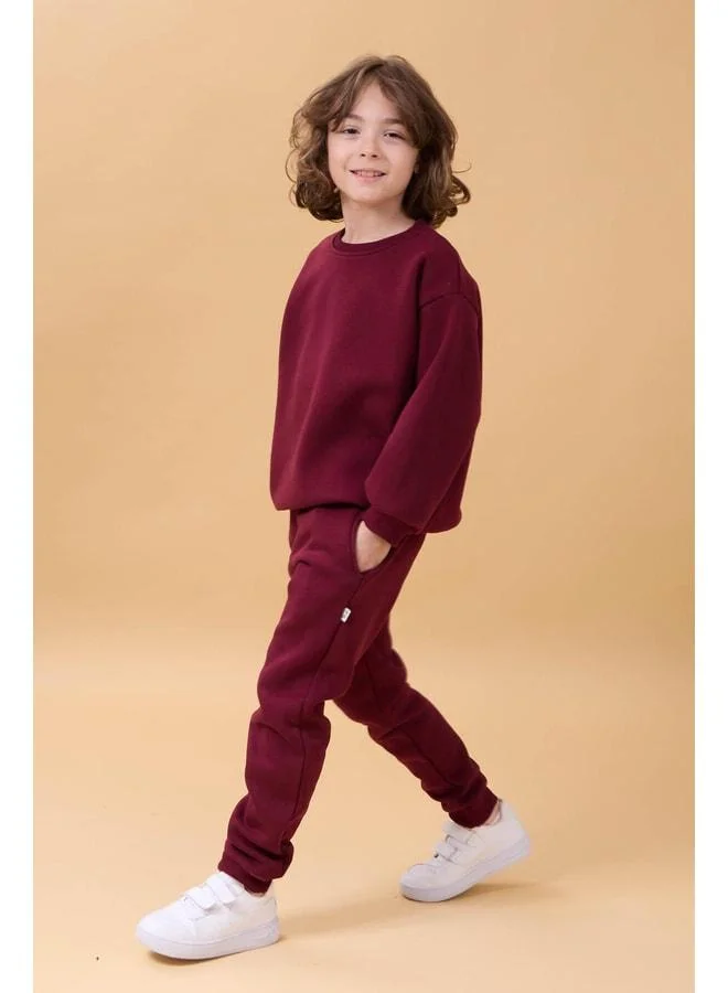 Perendi Boys' Bicycle Collar Sherpa Winter 2-Piece Tracksuit - Burgundy.