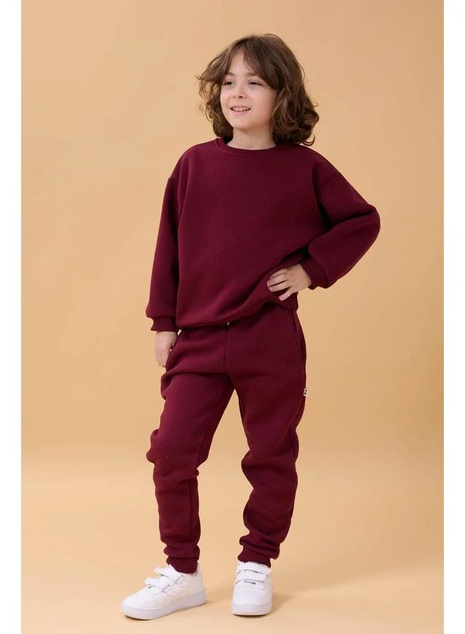 Perendi Boys' Bicycle Collar Sherpa Winter 2-Piece Tracksuit - Burgundy.