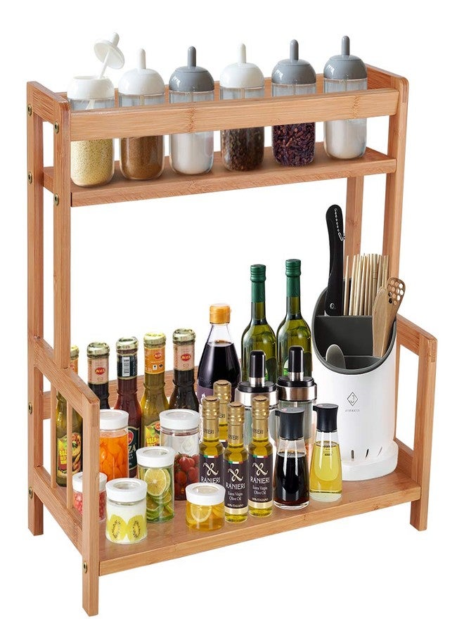 COOGOU Kitchen Countertop Organizer Bamboo Spice Rack - Coffee Station Organizer Countertop Shelf 2 Tier Storage Stand, Vintage Rustic Wooden Syrup Sauce Jar Bottle Spice Makeup Display Holder - Image 1