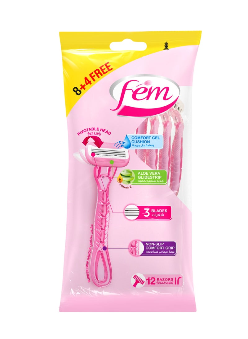 fem 8+4 Triple Blade Disposable Razors With Aloe Vera for Soothing Skin - Image 1