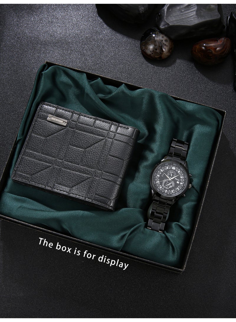 2-piece stainless steel black men's watch set, paired with a high-quality wallet, perfect for giving him the perfect holiday birthday gift