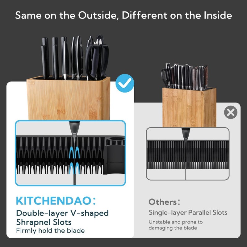 KITCHENDAO XL Bamboo Universal Knife Block with Slots for Scissors and Sharpening Rod - Knife Holder For Safe, Space Saver Knives Storage - Unique Slot Design to Protect Blade - Eco-friendly Bamboo - Image 4