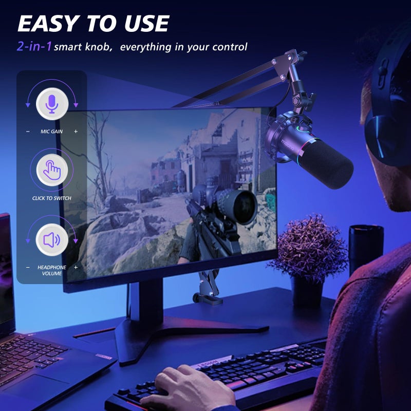 MAONO XLR/USB Dynamic Microphone Kit, RGB Podcast Mic with Software, Mute, Gain Knob, Volume Control, Boom Arm for Streaming, Gaming, Voice-Over, Recording-PD200XS Black - Image 5